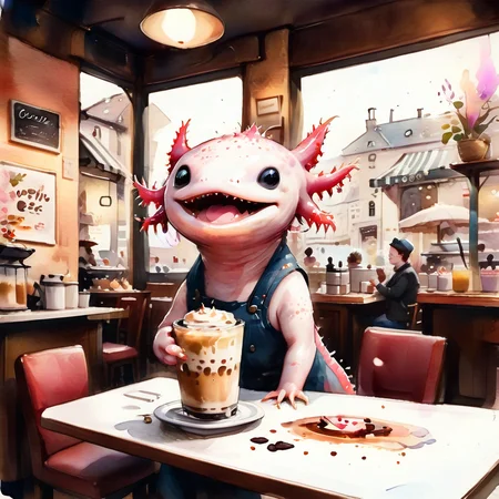(watercolor style) axomodelxl, axolotl in a bustling café, making coffee, warm and inviting atmosphere