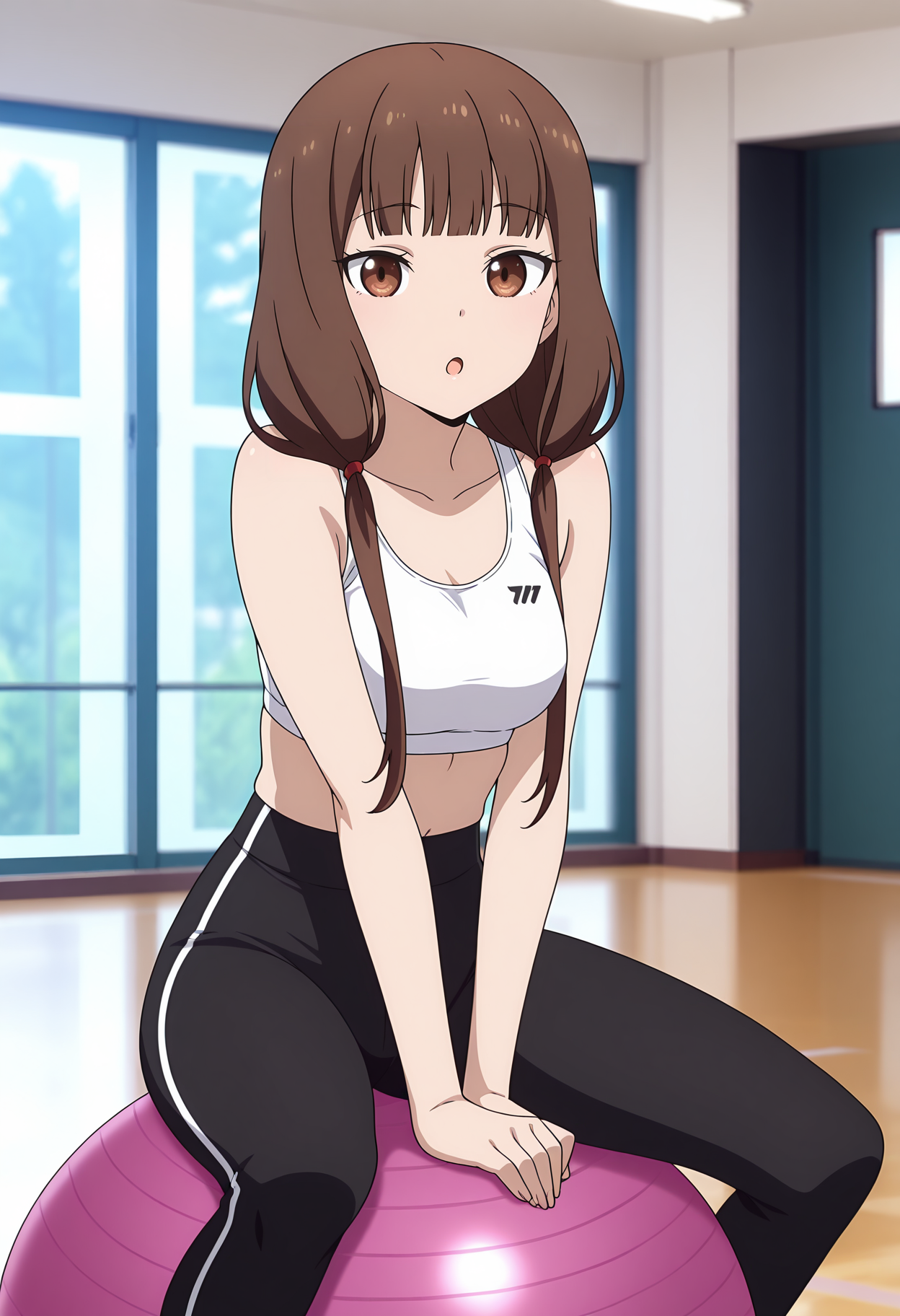 anime screencap, masterpiece, best quality,
<lora:Kaguya-samaWaKokurasetai_IinoMiko_IlluXL:0.9>,
1girl, solo, :o, 
low twintails, blunt bangs, long hair, brown hair, brown eyes, hair tie,
sportswear, white sports bra, high-waist pants, black leggings,
sitting on object, exercise ball, own hands together, between legs, looking at viewer, cowboy shot,
gym, photo background, blurry background