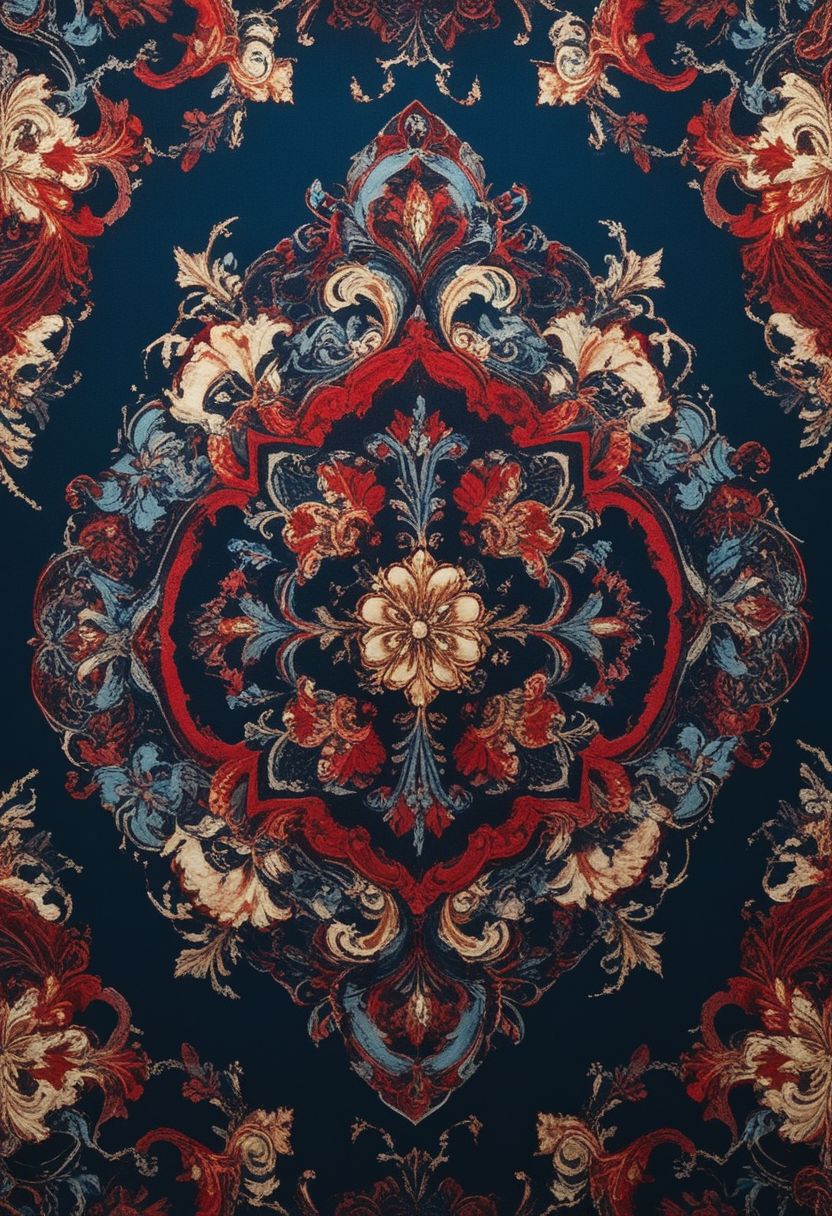 photo of a paisley pattern, official art, aesthetic, dynamic angle, hyper detailed, order and chaos, dark colors, (extremely detailed, intricate details, masterpiece, best quality, 8k wallpaper:1.4), dramatic lighting, (dark blue and madder red palette:1.2), boteh, paisley, navy blue, madder red, almond
