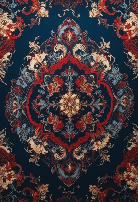 photo of a paisley pattern, official art, aesthetic, dynamic angle, hyper detailed, order and chaos, dark colors, (extremely detailed, intricate details, masterpiece, best quality, 8k wallpaper:1.4), dramatic lighting, (dark blue and madder red palette:1.2), boteh, paisley, navy blue, madder red, almond