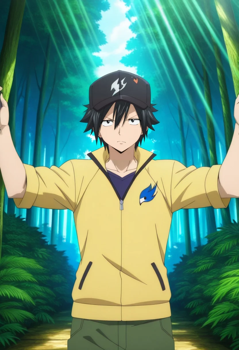 masterpiece, best quality, intricate details, anime screencap, anime coloring, official style, , 1boy, solo, male focus, <lora:gray_fullbuster_ilxl:0.94>, gray_fullbuster, black hair, black eyes, spiked hair, hair between eyes, , , rainforest trail, misty foliage, colorful birds, damp paths, exploring pose, adventurous expression, filtered sunlight, , baseball cap