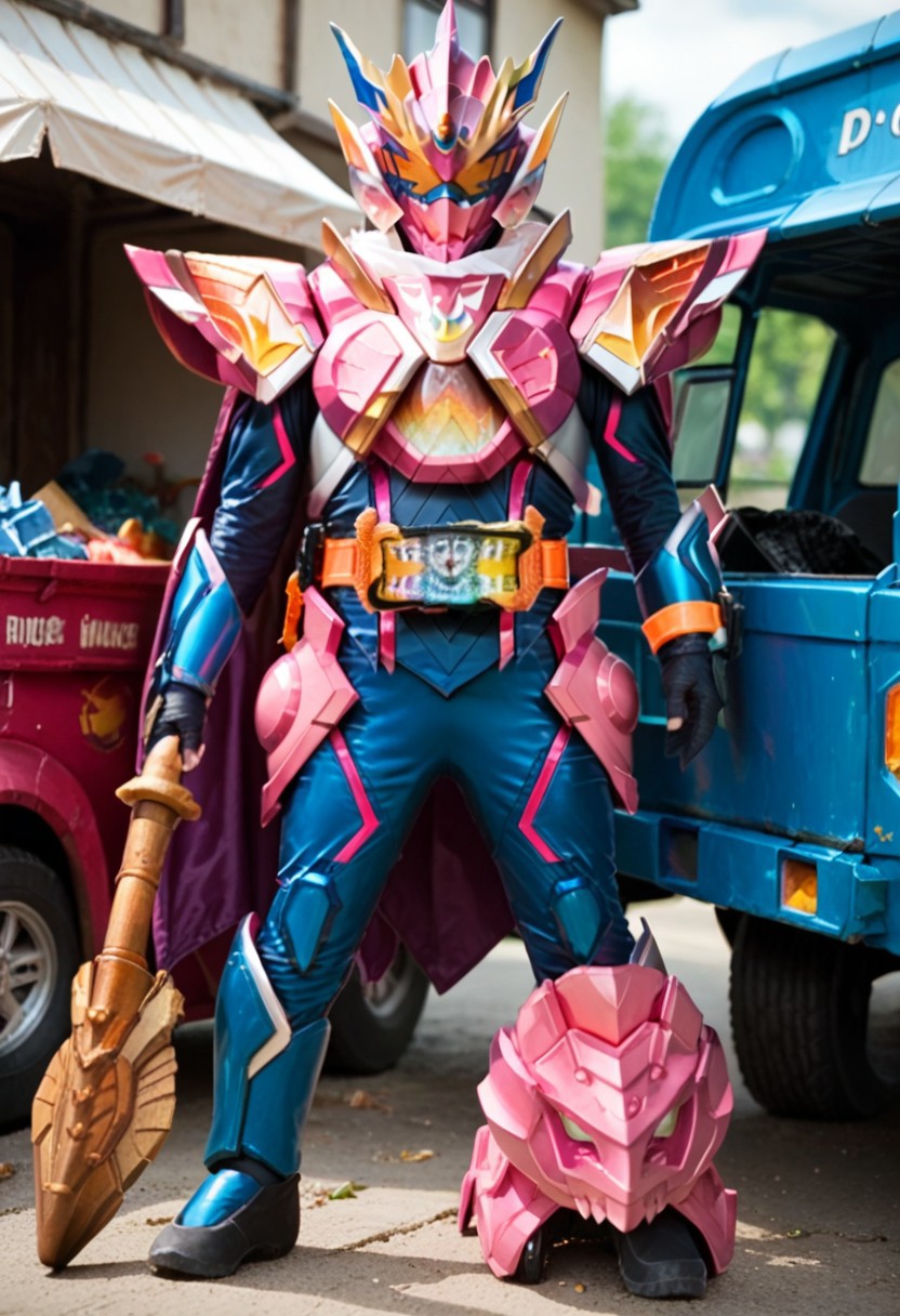 score_9, score_8, score_7, wizard, dragon, dump truck, pink armor, blue armor, solo, tokusatsu, bodysuit, helmet, rider belt,