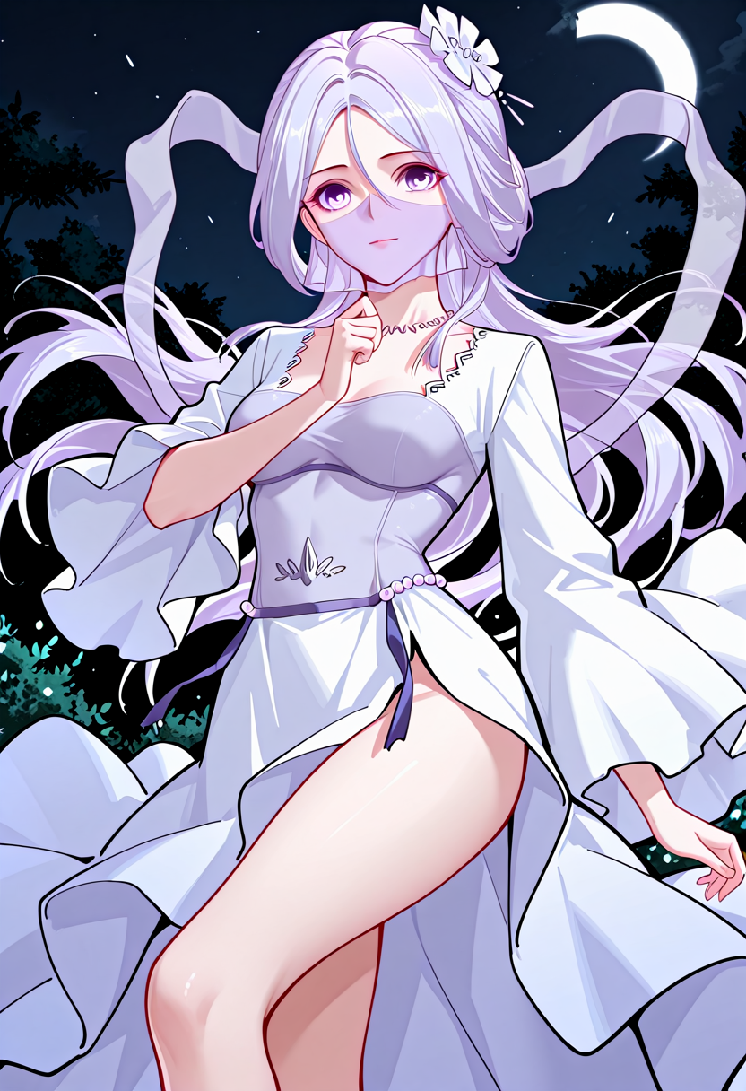Chu_Qingcheng_IL,1girl,long purple hair,wavy hair,Soft wavy strands,hair ornament,parted bangs,purple eyes,hair between eyes,necklace,medium breasts,soft light purple veil,white dress,layered dress,pearl accents,high slit dress,wide sleeves,ornamental belt,waist gems,<lora:Chu_Qingcheng_IL:1>,
(Charcter), (Anime_source),Masterpiece,(perfect female body:1.2), small waist,(incredibly detailed:1.4), slim, looking at viewer, crossed legs, night