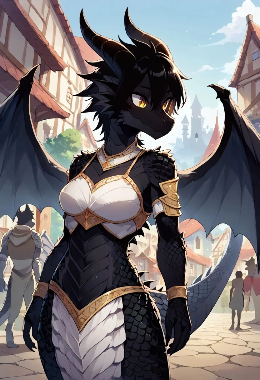 score_9, score_8_up, 1girl, masterpiece, MegaScalyPony, scales, ShadowPerson, colored skin, black skin, black hair, faceless, silhouette, furry, dragon antho, black scales, scaly, armor, outdoors, fantasy town, wings, horns, dragon tail