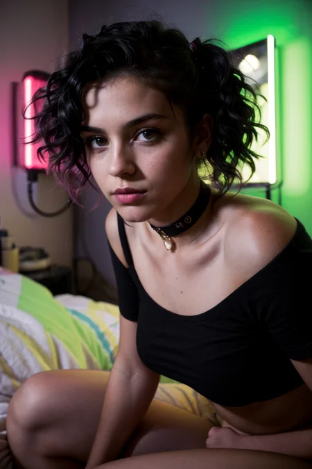 (analog photo:1.1), (a punk girl:1.15), green short curly hair, (black t-shirt:1.15), (20 years old, young:1.2), petite, (pubic hair:1.1), choker, cream eyeliner, european, cozy bedroom, (neon glow, cyberpunk:1.2), waves, warm colors, (inviting expression:1.05), shallow depth of field, vignette, highly detailed, high budget Hollywood film, bokeh, cinemascope, moody, epic, gorgeous, film grain