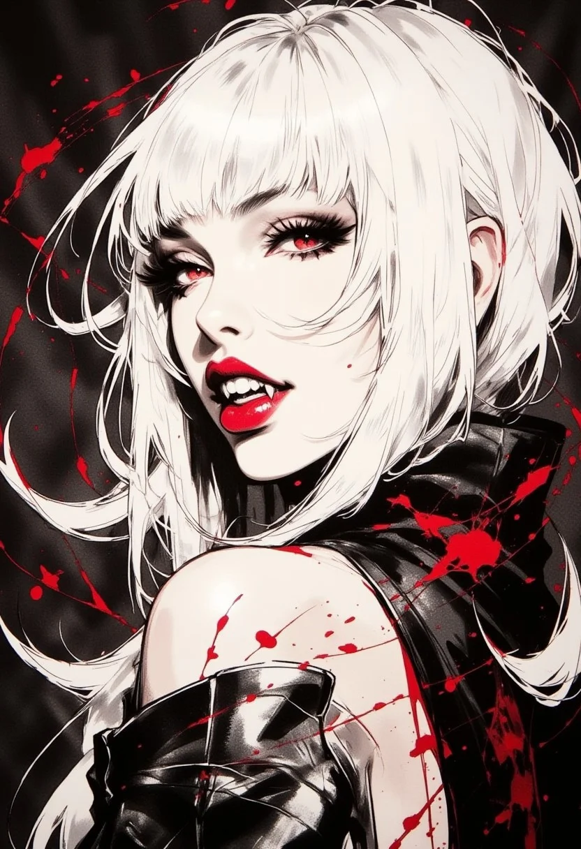 Silhouette Art, breathtaking detailed, masterpiece, awe-inspiring, radiant, magnificent, ink on rice paper, charcoal, henna and carmine, dark background, portrait of stunning oriental female vampire, long white hair, bangs, lips parted, showing slightly bared fangs, seductive, sultry, lustful, red eyes, red lips, erotic, nsfw