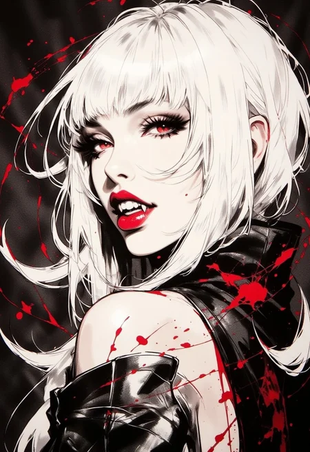 Silhouette Art, breathtaking detailed, masterpiece, awe-inspiring, radiant, magnificent, ink on rice paper, charcoal, henna and carmine, dark background, portrait of stunning oriental female vampire, long white hair, bangs, lips parted, showing slightly bared fangs, seductive, sultry, lustful, red eyes, red lips, erotic, nsfw