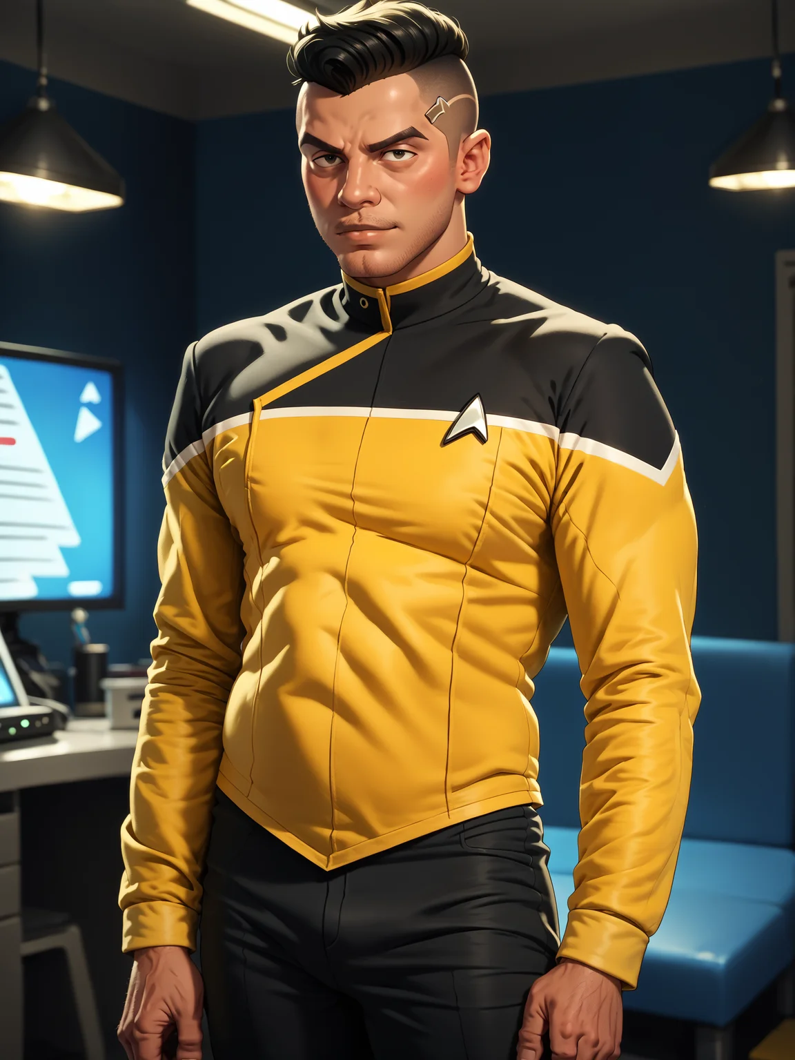 score_9, score_8_up, score_7_up, score_6_up, score_5_up,solo, man in sttldunf star trek uniform ,yellow sleeves,black shoulders,black pants, in a room,buzzcut<lora:STTLPony:0.8>