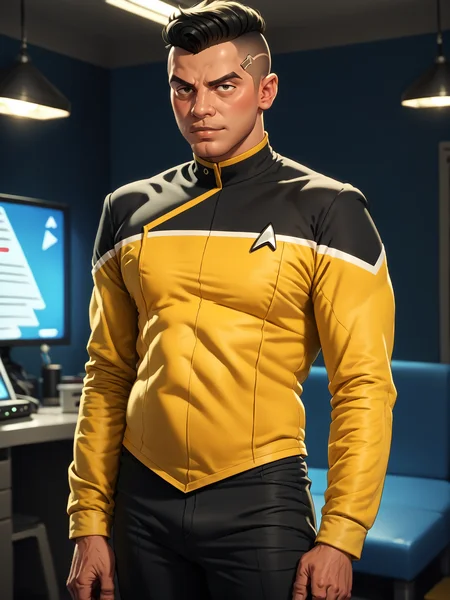 score_9, score_8_up, score_7_up, score_6_up, score_5_up,solo, man in sttldunf star trek uniform ,yellow sleeves,black shoulders,black pants, in a room,buzzcut<lora:STTLPony:0.8>