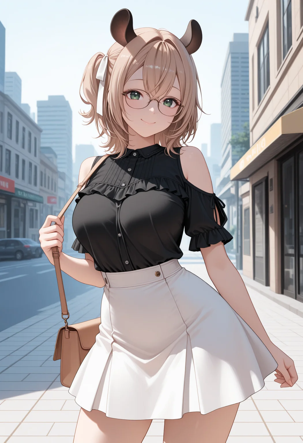 masterpiece, best quality, 1girl, solo, N1mi, green eyes, light brown hair, medium hair, crossed bangs, one side up, hair ribbon, white ribbon, animal ears, glasses, black shirt, frilled shirt, shoulder cutout, short sleeves, white skirt, shirt tucked in, tight skirt, shoulder bag, standing, contrapposto, outdoors, city, smile, <lora:ChamNimiNightmareNoob:1>