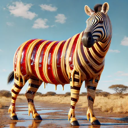 A photorealistic zebra with stripes made of peanut butter and jelly. The peanut butter stripes are smooth and creamy, while the jelly stripes are semitranslucent, glistening, and glorious in the light. The zebra is standing in a natural savannah setting with a clear blue sky in the background. The overall appearance is vibrant and eye-catching, with the jelly stripes reflecting the sunlight in a captivating manner.