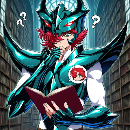 masterpiece,best quality,amazing quality, SSALBE, 1boy, male focus, wavy hair, short hair, pink-red hair, hair over one eye, green eyes, megrez forehead protector (red eyes), megrez armor, teal pauldrons, teal breastplate, belt buckle, white bodysuit, teal fingerless gauntlets, library background, reading book, dunce hat, hand on chin, confused, ?, upper body