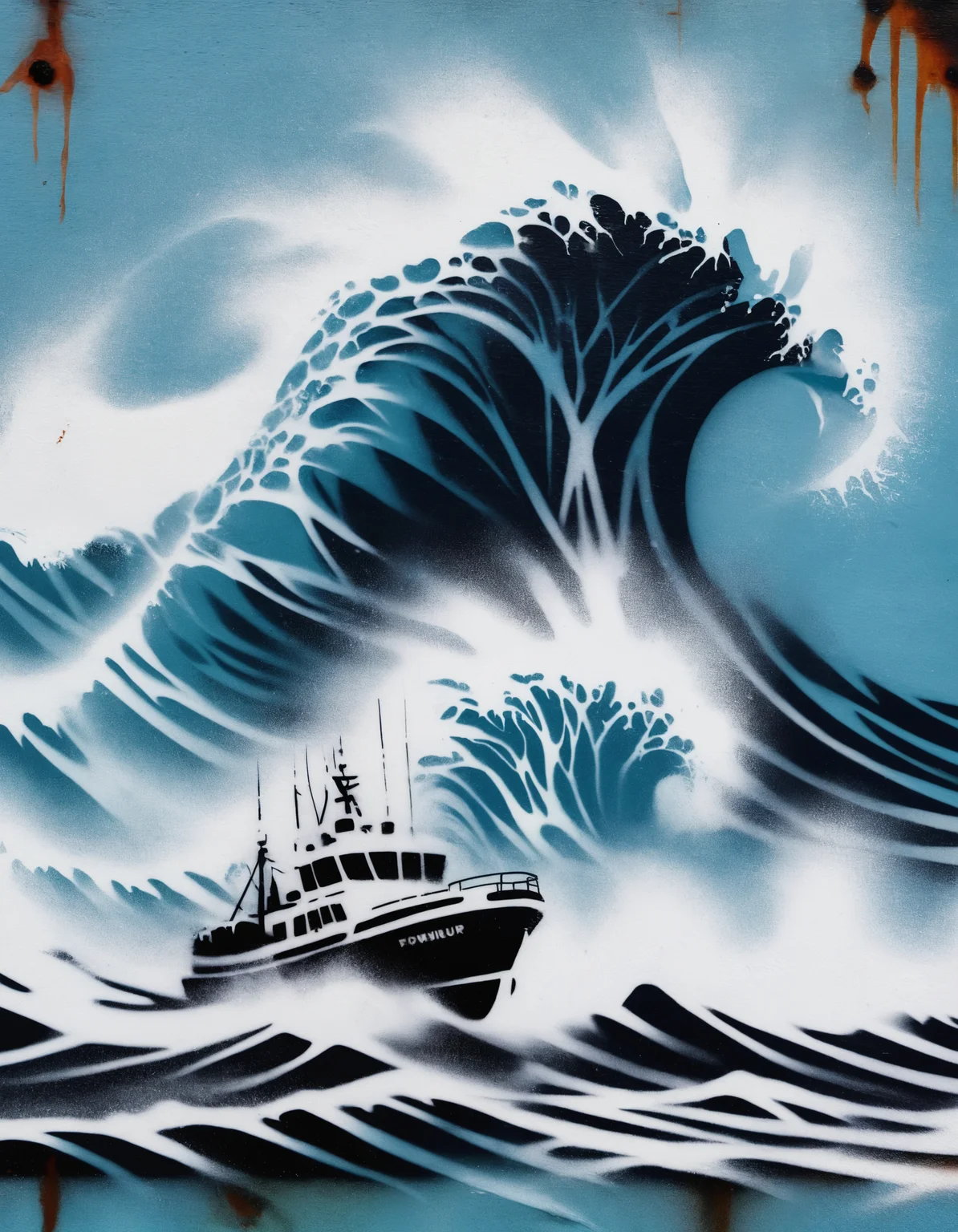 zavy-fzzgrfft, stencil of an ocean wave crashing into a boat