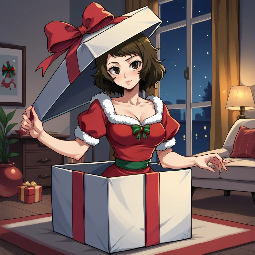 score_9, score_8_up, score_7_up, score_6_up, score_5_up, score_4_up, zPDXL2,source_anime,rating_questionable, indoors, 1girl, looking at viewer, kawakami_sadayo, persona <lora:Present_Box:0.8> pr3s3nt, gift box, looking at viewer, in container, waist up, night time, Christmas dress, red dress white trim,