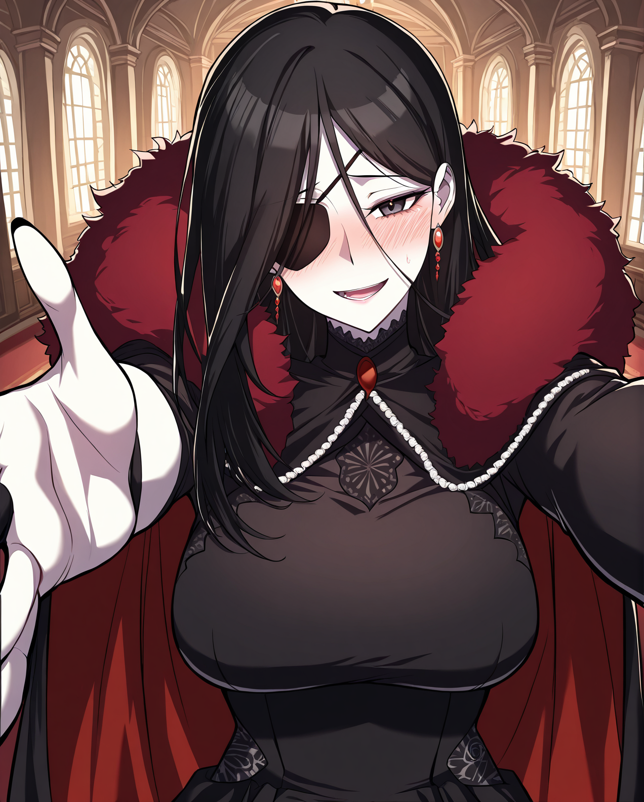 <lora:Hailey_Orga:1>
1 girl, solo, red eyes, black hair, long hair, hair between eyes, pale skin, large breasts
black dress, bridal gauntlets, cape, earrings, eyepatch, fur trim, black nails, black fingerless gloves, high heels, pantyhose, single glove
score_9, score_8_up, score_7_up, score_6_up, source_anime, rating_explicit, 1girl, solo, smile, embarrassed, alcalose eyes, open mouth, mansion, indoors, looking at viewer, outstretched arms, pov, close-up, (head tilt:1.2)