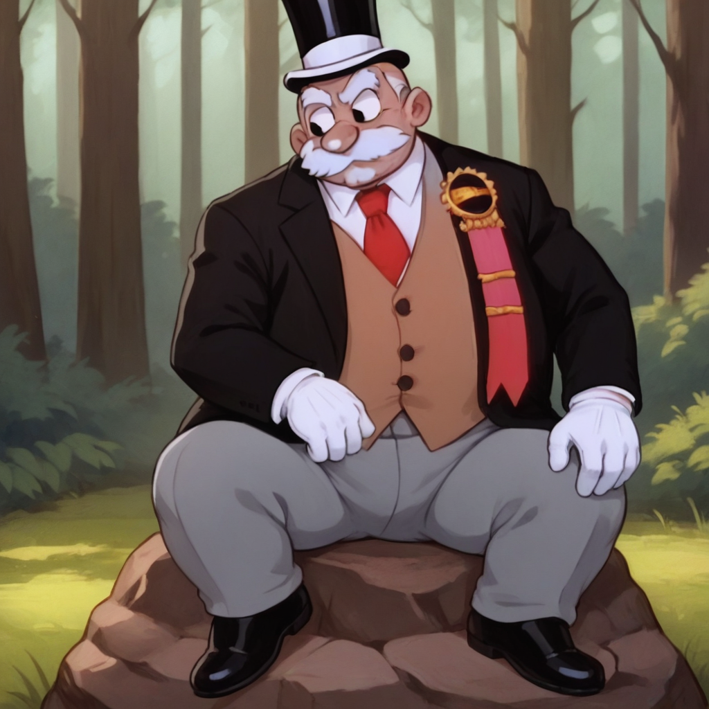 score_9_up, score_8_up, BREAK, TheJudge, solo, 1boy, black eyes, mustache, fat, black top hat, black suit, brown vest, red necktie, grey pants, white gloves, black footwear,  <lora:Judge_PorkyGarden_PXL_Leaf3:0.8>, outdoors, forest, sitting on rock,