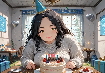 IllusP0s, PonyScores7, source_anime, ah1, IllustriousQual, interesting, exciting, spectacular, wonderful, amazing quality, absolutely eye-catching, 
BREAK <lora:xl_more_art-full_v1:0.2>, <lora:aesthetic_anime_v1s:0.2>, <lora:EpicF4nta5yXL:0.2>, <lora:detailxl:0.2>, detailxl, <lora:Fant5yP0ny:0.2>, amazing quality, best aesthetic, absurdres, illustration, Volumetric_Lighting, ultra-detailed, very aesthetic, intricate details, best_quality,  lazympos, <lora:Add_Details_v1.2:0.4>, <lora:quality_modifiers_masterpieces_v1:0.2>, <lora:ZootPonyAnime_V1_r2:0.2>, <lora:Bestifacator2:0.2>, anime style,
BREAK (((blowing candles))),
BREAK Stable_Yogis_PDXL_Positives, AS-Adult, <lora:Complicated fantasy portrait - XL Pony V2.0:0.2>, bad-hands-5, <lora:HDA_Detailer:0.3>, <lora:natsumi_style:0.2>, <lora:by_usakun-pony:0.2>, by usakun, <lora:Akina_Bbw_Style_-_PonyXL:0.2>, AkinBw, ((pixel art)),
BREAK 1girl, mature female, (curvy), round-chin, caucasian, <lora:ETO_OC_Illustrius:0.5>, eto_oc, skindentation, (plump), thick thighs, wide hips, busty, voluptuous, <lora:shinyskin2:0.2>, glistening skin, HDA_FatGirlXL, round ass, large breasts, <lora:plussizegirls_IL:0.3>, <lora:plussizegirls_pony:0.3>, <lora:Venus body IXLS3_alpha16.0_rank32_full_last:0.3>, <lora:perfection style:0.2>, perfection style, perfection, 
BREAK ((Knit dress and tights, Defined brows with light taupe eyeshadow and a soft rose lipstick, <lora:yanami anna_makein_illustriousXL_epoch-000076:0.5>, anna-default,  <lora:party-popper-ponyxl-lora-nochekaiser:0.8>, party popper, streamers, confetti, party hat, birthday cake)),
BREAK (curly hair), long hair, (black hair:1.4), (parted hair:1.7), messy hair, kinky curls, <lora:hairdetailpxl:0.2>, hairdetailpxl,
BREAK (brown eyes), (downturned eyes:1.4), expressive eyes, <lora:perfect-eyes:0.4>, perfecteyes, EyesHD, (round face:1.2), (thick eyebrows:1.3), (plump face), lips, <lora:Round_face:0.2>, <lora:DetailedEyes_xl_bdsqlsz_V1:0.2>, <lora:Eyes_Lora_Pony_Perfect_eyes:0.2>, <lora:focusoneyes:0.2>, <lora:cinematic eye color style illustrious v1:0.2>,
BREAK (((smiling at viewer, happiness))), <lora:Expressive_H:0.2>, Expressiveh, <lora:Emotional_Anime_Expressions_PonyXL_Concept:0.2>, emotional, <lora:Best_Facial_Expression_LoRA_PONY:0.2>, looking at viewer, <lora:Detailed expressive EXEV style -XL Pony V1.0:0.2>, FaceDetail, <lora:Best_Facial_Expression_Helper_XTREME_ILLU:0.4>, kaogei,
BREAK (((<lora:TQ_-_Birthday_Backdrops_XL:0.8>, gift, gift box, candle, Charming Party Banner, Paper Triangle Flags for Birthday party, metallic balloon, confetti, happy birthday, heart balloon, birthday cake, birthday party, cake, cup, food, fork, indoors, party hat, plate, table, happy birthday))), <lora:Background Detailer - SDXL:0.2>, 4k, 8k, Ultra HD, Masterpiece, Best quality, Detailed background, <lora:Add_more_details_V2_XLpony:0.2>, full_details, <lora:background-type1:0.2>, <lora:AddMicroDetails_Illustrious:0.2>, addmicrodetails, SmoothNoob_Quality,