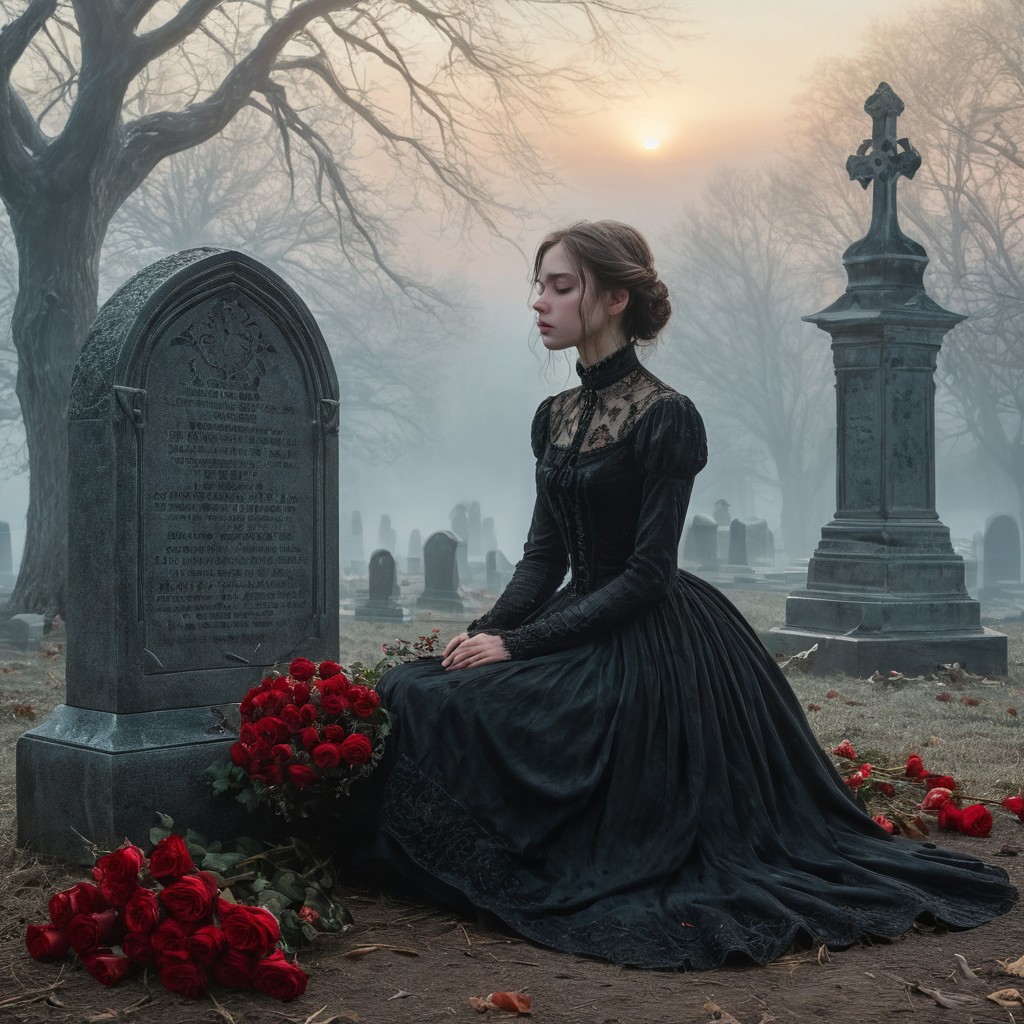 epiCRealism, masterpiece, highly detailed, one girl, pale and delicate, mourning in front of a tomb in a frozen winter morning, mist still clings to the ground while a timid Sun rises on the horizon, a bright red bouquet of roses lays on the tombstone, she wears a highly detailed black laced Victorian dress and sits on the earth in front of the tomb, the skirt spreads around her, view from the side, a small tear drops through her cheek,