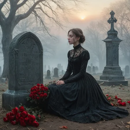 epiCRealism, masterpiece, highly detailed, one girl, pale and delicate, mourning in front of a tomb in a frozen winter morning, mist still clings to the ground while a timid Sun rises on the horizon, a bright red bouquet of roses lays on the tombstone, she wears a highly detailed black laced Victorian dress and sits on the earth in front of the tomb, the skirt spreads around her, view from the side, a small tear drops through her cheek,
