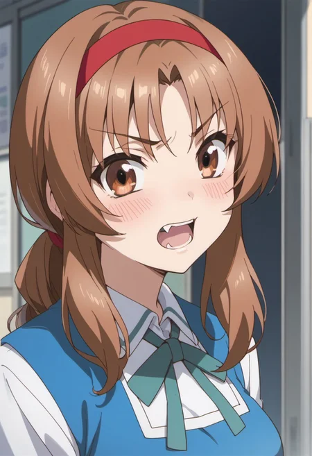 score_9, score_8_up, score_7_up, source_anime, takao, brown hair, brown eyes, long hair, hairband, 1girl, solo, open mouth, blush, fang, school uniform, looking at viewer