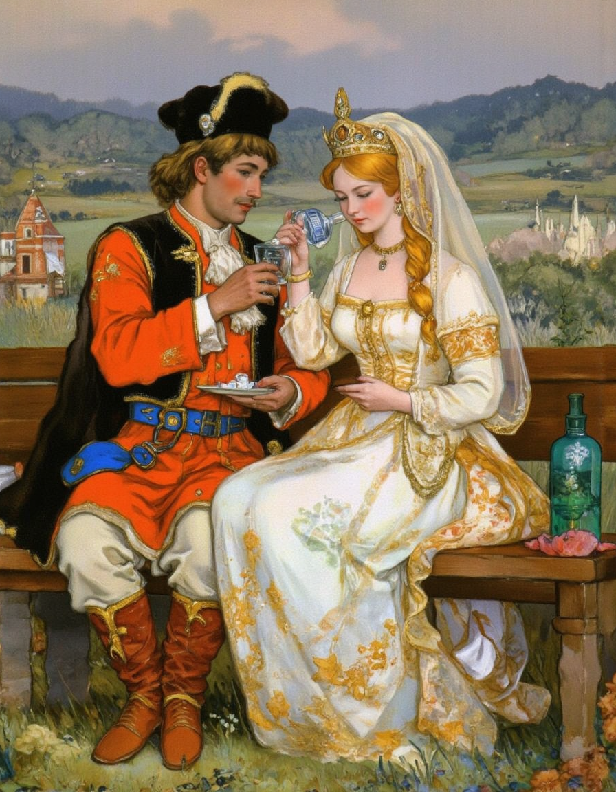 <lora:kochergin:1>, man dressed and woman princess  sitting on the bench and drinking vodka