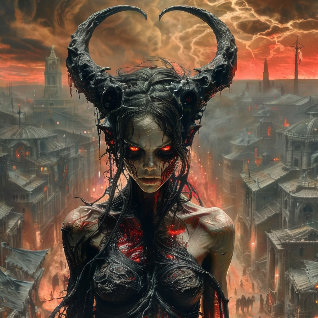 elysexa beautiful demon woman in the background of the city of death, very detailed <lora:elysexa:1>