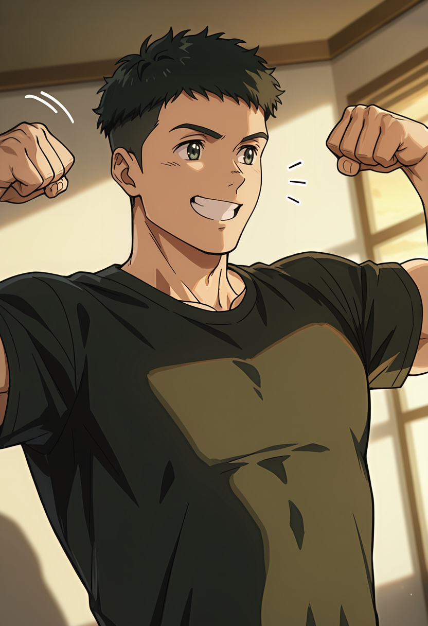 <lora:Yokokawa_Yuusuke_Love_All_Play:1> green_yok0kaw4_yuusuk3_eyes, yok0kaw4_yuusuk3, black_yok0kaw4_yuusuk3_hair, 1boy, anime coloring, male focus, solo, muscular male,  upper body, bedroom, dawn, flexing, giggling, shadow, dynamic angle, dynamic action, masterpiece, best quality, very aesthetic, absurdres, newest,
