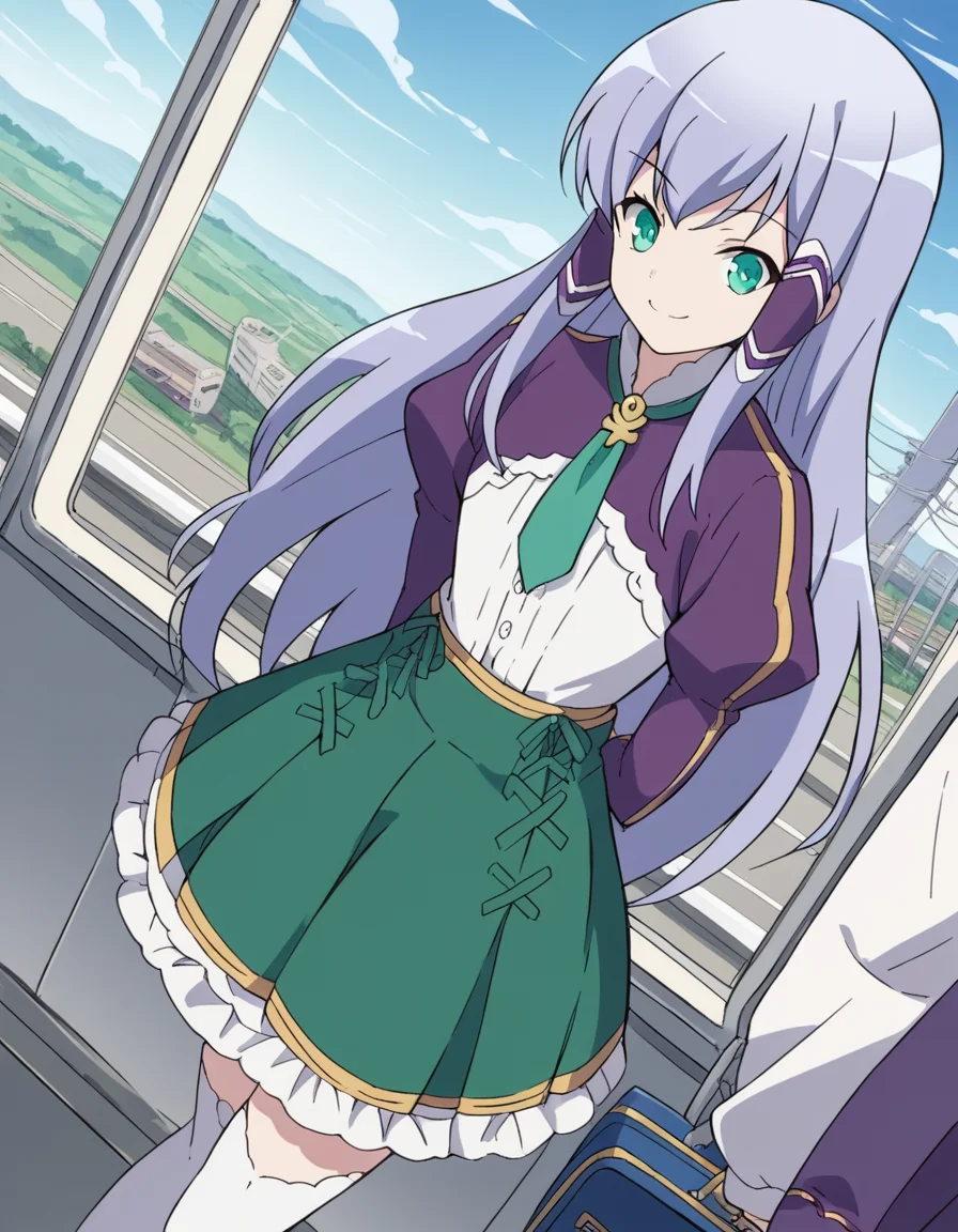 score_9, score_8_up, score_7_up, source_anime, <lora:elze-silhoueska-s2-ponyxl-lora-nochekaiser:1>, elze silhoueska, long hair, blue eyes, green eyes, blue hair, aqua eyes, hair tubes,, skirt, thighhighs, white thighhighs, puffy sleeves, white shirt, necktie, green necktie, purple sleeves, green skirt, frilled skirt, train station, waiting for train, suitcase, traveling, commute, city skyline, hands behind back,, smile, from above,, looking at viewer, solo,, dutch angle, cowboy shot