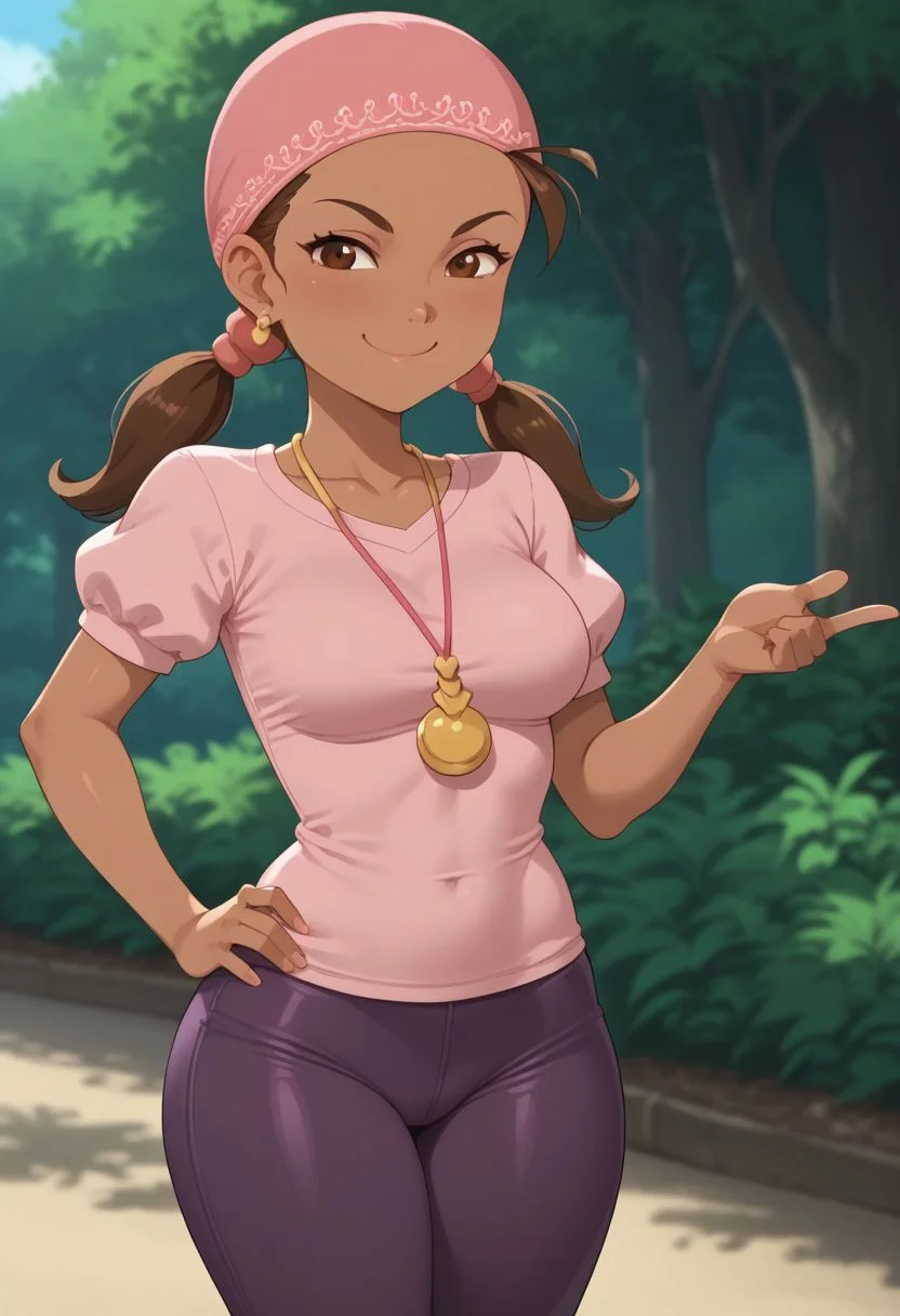 score_9, score_8_up, score_7_up, , shiny skin, skindentation, deep skin, anime, high quality, highres, 1girl, solo, (curvy), ((wide hips)),, thick thighs, cute, , sexy, medium breasts, 1girl, dark skin, brown hair, brown eyes, twintails, Pink bandana, earrings, necklace, pink shirt, grilled shirt, short sleeves, puffy sleeves, puffy sleeves, short sleeves, purple pants, tight pants, smirk, smug, hand on hip