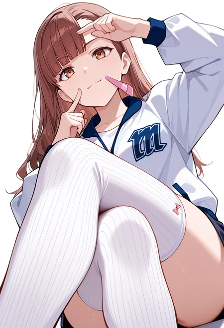 masterpiece,high quality details, absurdres,
<lora:Nagisa_Satou:0.8>
nagisa_cnr, 1girl, brown hair, long hair, blunt bangs, asymmetrical bangs, brown eyes,, simple background, white background, from below,solo,, expressionless,fingersmile,, arm draped over forehead,serious face,legs crossed,, undershirt,jacket ,spats, ,aran legwear,