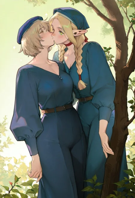 masterpiece, best quality, amazing quality, very aesthetic, absurdres, newest, volumetric lighting, female, female focus, simple background, green background, gradient background, lesbian,full body,2 girls, duo,yuri,couple,usnr, sparkles, plants, tree, tree branch in the foreground, sunlight, kiss,
BREAK
falin, yellow eyes,blue headwear, big chest, curvy, short hair,chin length hair
BREAK
marcille donato, long hair, blonde hair, green eyes, braid, pointy ears, twin braids, elf, bright pupils, parted bangs,thin,