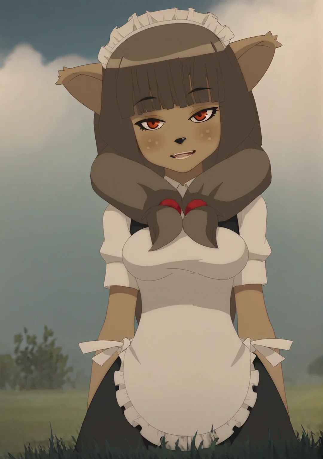 score_8_up, score_7_up, anime screenshot, looking at viewer, grass, uncensored,
<lora:Miranda v2:0.8> 1girl, miranda \(wakfu\), animal ears, brown hair, blunt bangs, long hair, red eyes, light freckles, mirandadress, furry, maid, maid headdress,