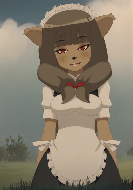 score_8_up, score_7_up, anime screenshot, looking at viewer, grass, uncensored,
<lora:Miranda v2:0.8> 1girl, miranda \(wakfu\), animal ears, brown hair, blunt bangs, long hair, red eyes, light freckles, mirandadress, furry, maid, maid headdress,