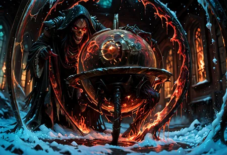 masterwork, masterpiece, best quality, detailed, depth of field, high detail, very aesthetic, sharp edges, precise, clear focus, highly detailed epic cinematic concept art, octane render, (3d shading:1.6),  dynamic lighting, very inspirational, (Dreamlike surrealist painting:1.8),
(the world is burning (inside a glass sphere:1.9) :1.5), watched by a demon, surreal female demon, red eyes, swirling cloak turning into threatening clouds,
snow, glowing footprints, burning tears scorch the land, eldritch, horror, gdv2-illu, (Artgerm, Piotr Jablonski, Karla Ortiz style),