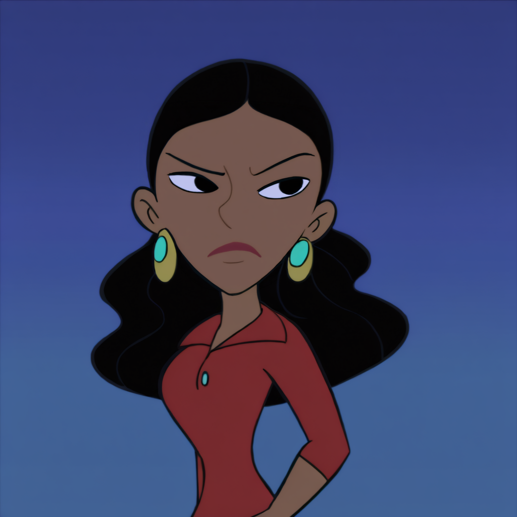 <lora:Kim_Possible_Style_6c_Illustrious_aon:1> kmstyle, masterpiece, best quality, outdoors, night, dark, looking at viewer, closed mouth, 1girl, solo, moniiqkue, black eyes, black hair, dark-skinned female, dark skin, red shirt, earrings