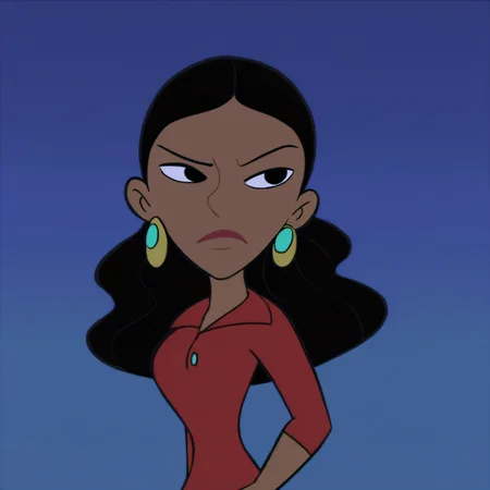 <lora:Kim_Possible_Style_6c_Illustrious_aon:1> kmstyle, masterpiece, best quality, outdoors, night, dark, looking at viewer, closed mouth, 1girl, solo, moniiqkue, black eyes, black hair, dark-skinned female, dark skin, red shirt, earrings