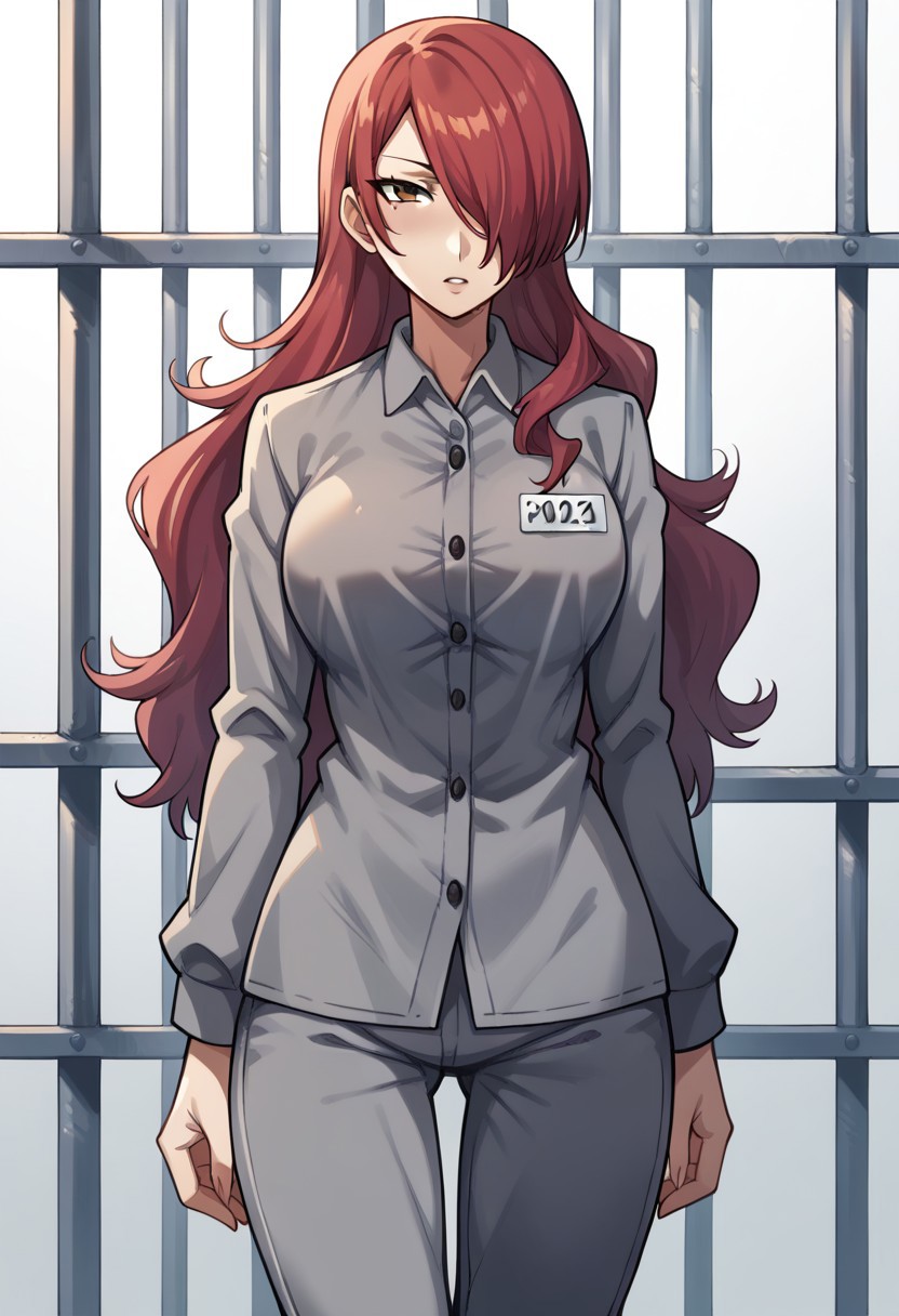 score_9, score_8_up, score_7_up, score_6_up, 1girl, solo, source_anime, BREAK p3mitsuru, 1girl, p3mitsuru, red hair, long hair, hair over one eye, Prison clothes, gray uniform, pants, name tag, curvy, looking at viewer, cowboy shot, older woman,