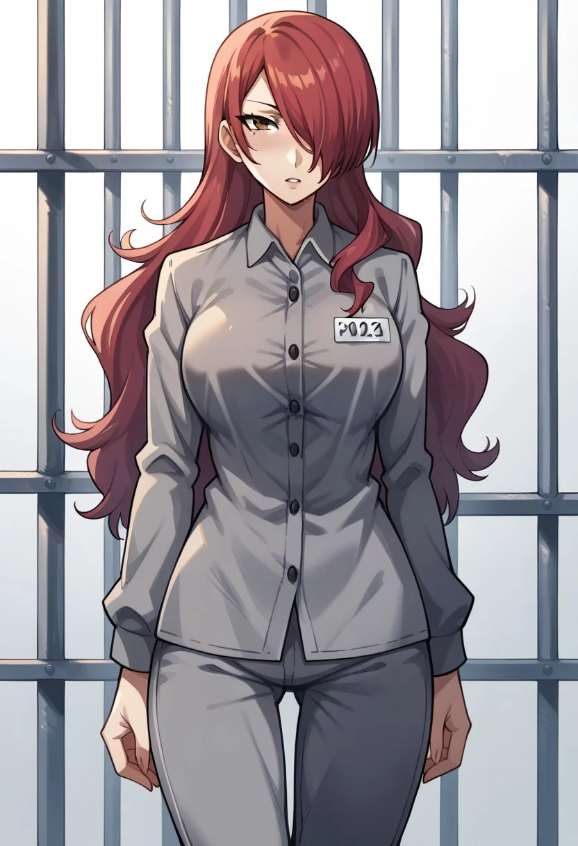 score_9, score_8_up, score_7_up, score_6_up, 1girl, solo, source_anime, BREAK p3mitsuru, 1girl, p3mitsuru, red hair, long hair, hair over one eye, Prison clothes, gray uniform, pants, name tag, curvy, looking at viewer, cowboy shot, older woman,