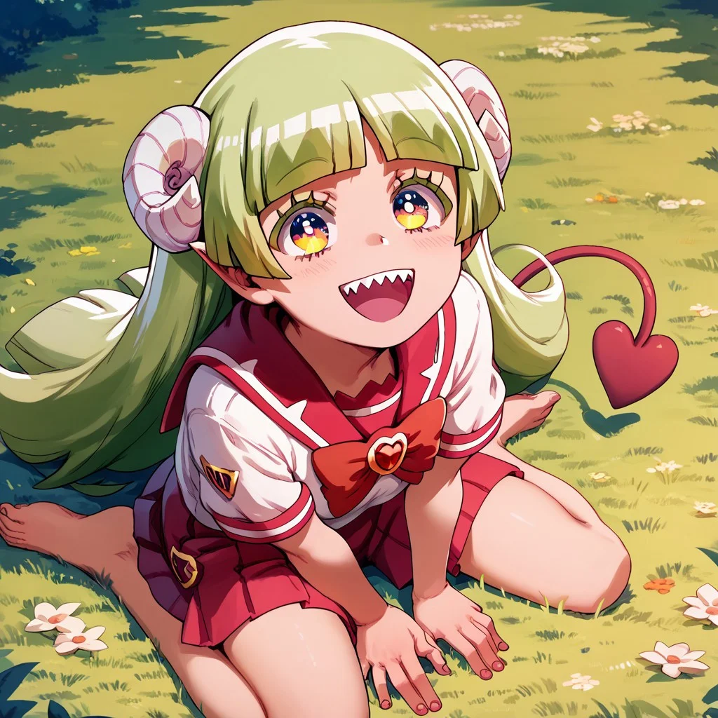 score_9, score_8_up, score_7_up, score_6_up, score_5_up, score_4_up, Cl_araV, School uniform, Sharp teeth, Horns, heart tail, happy, green hair, sitting on the ground, barefoot, looking up at viewer