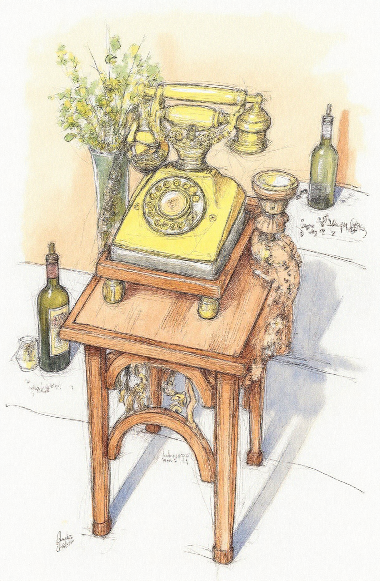 Sharp image of a rough sketch, rendered in vibrant multi colour ballpoint pen, capturing the adorable features of an old-fashioned telephone on a wooden stand. The telephone is made of brass and has a round dial with a circular medallion in the center. The dial is surrounded by a decorative border with a floral design. The stand is also made of wood and is placed on a white tablecloth with a vase of flowers in the background. On the left side of the stand, there is a bottle of wine. The overall style of the telephone is vintage and ornate.  p3nsk, <lora:p3nsk:1>