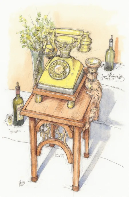 Sharp image of a rough sketch, rendered in vibrant multi colour ballpoint pen, capturing the adorable features of an old-fashioned telephone on a wooden stand. The telephone is made of brass and has a round dial with a circular medallion in the center. The dial is surrounded by a decorative border with a floral design. The stand is also made of wood and is placed on a white tablecloth with a vase of flowers in the background. On the left side of the stand, there is a bottle of wine. The overall style of the telephone is vintage and ornate. p3nsk, <lora:p3nsk:1>