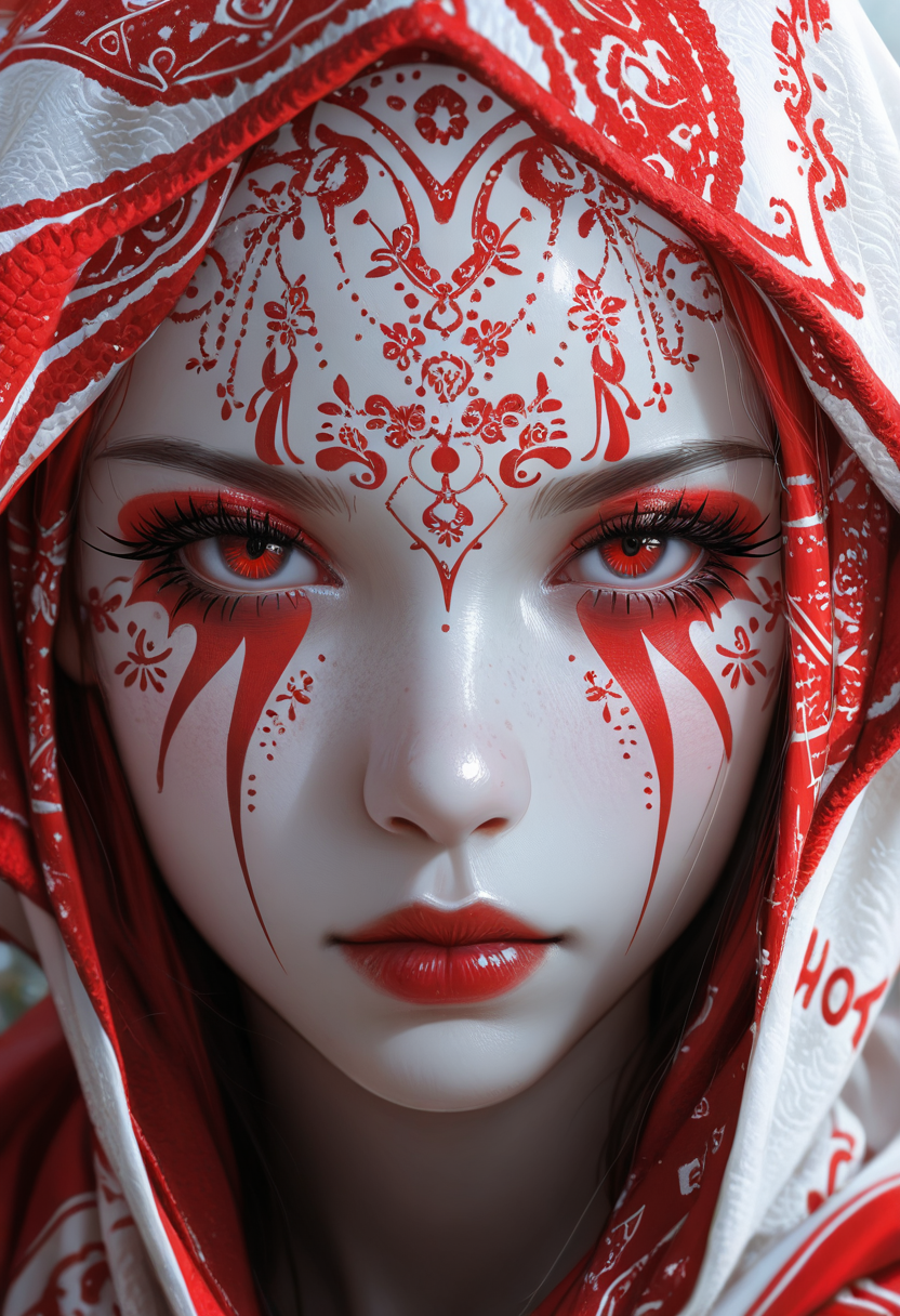 (hypersexualized, erotic, suggestive, intimate, provocative), 1girl, (detailed eyes), (pretty face), (detailed face), photo-realistic, realistic skin, realistic textures, detailed skin, photorealistic, ultrarealistic, 8k, A close-up portrait of a  woman with striking red eyes and intricate white face paint. she is positioned in the middle of the image, looking directly at the viewer with a serious expression. her hair is dark and styled in a way that frames her face, and she is wearing a red and white patterned headscarf that covers her upper body. her eyes are a striking red color, and her eyelashes are long and curled. her lips are painted a deep red, with a glossy finish. her face is adorned with intricate white and red patterns that cover her entire face, creating a striking contrast. the background is blurred, allowing the focus to be on the woman's face and the intricate designs on her face. the overall effect is one of beauty and elegance, with the woman appearing to be in her early twenties. solo, rating:general, 1girl, looking at viewer, portrait, makeup, red lips, facial mark, facepaint, closed mouth, colored skin, eyelashes, straight-on, close-up, hood, red eyes, score_9, score_8_up, score_7_up