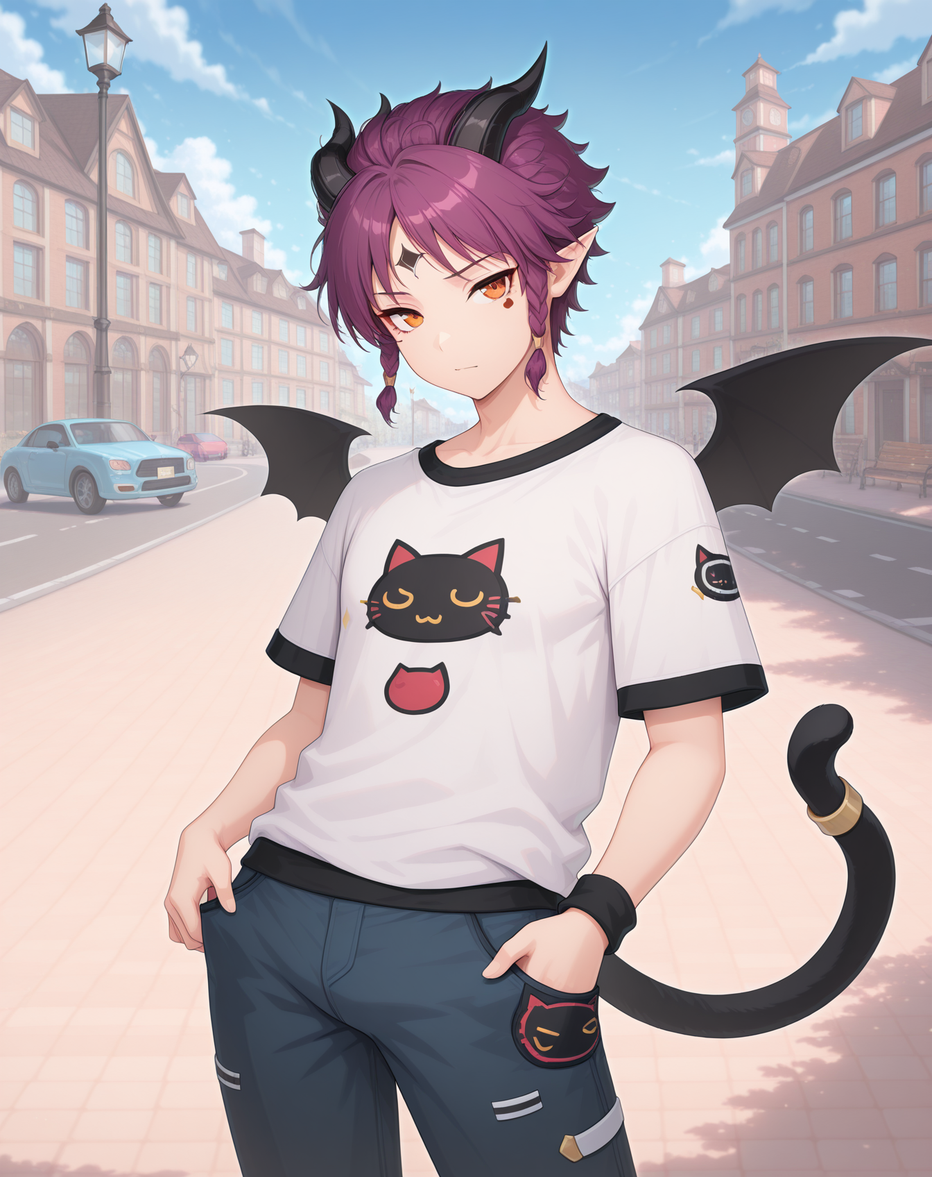 masterpiece,best quality,amazing quality, newest, very aesthetic, absurdres,
1boy, solo, yaoi, male focus, looking at viewer, cowboy shot, standing,
<lora:Veigas_Dream_Cat_ilxl:1> veigasdreamcat, demon tail, purple hair,pointy ears, demon horns, black wings, short hair, orange eyes, demon wings, bat wings, black horns, sidelocks, cat tail, forehead mark,
white shirt, jeans, sneakers,
outdoors, day, blue sky, building, street, road, lamppost, car,