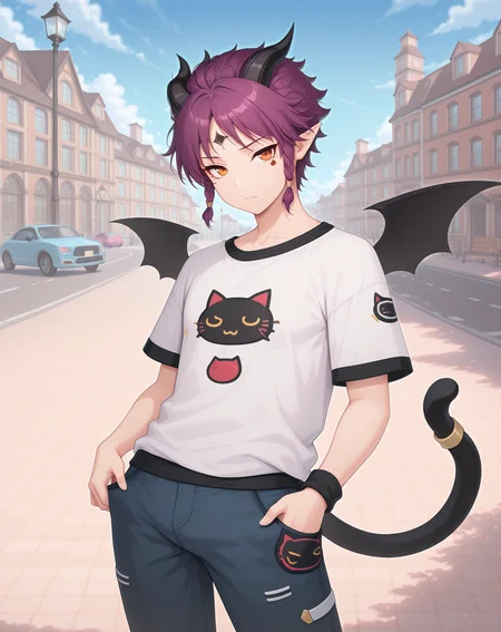 masterpiece,best quality,amazing quality, newest, very aesthetic, absurdres,
1boy, solo, yaoi, male focus, looking at viewer, cowboy shot, standing,
<lora:Veigas_Dream_Cat_ilxl:1> veigasdreamcat, demon tail, purple hair,pointy ears, demon horns, black wings, short hair, orange eyes, demon wings, bat wings, black horns, sidelocks, cat tail, forehead mark,
white shirt, jeans, sneakers,
outdoors, day, blue sky, building, street, road, lamppost, car,