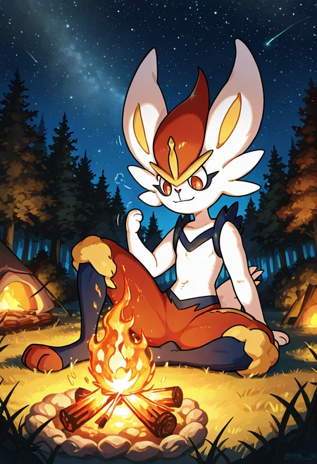 masterpiece, best quality, no humans, zzCinderace, sitting pose, crackling fire, warm fur, forest camp, thoughtful expression, glowing embers, starry night, flickering light, calm mood â Cinderace sits quietly by a small campfire, its fur lit gently by the flickering glow. Sparks drift lazily into the starry sky, and the forest murmurs with distant sounds. Its ears twitch, catching every movement, but its body remains still, enjoying the warmth. The flame reflects in its eyes as it pokes at the embers with a stick, lost in a rare moment of peace. <lora:CinderacePokedex_IXL:1.0>,