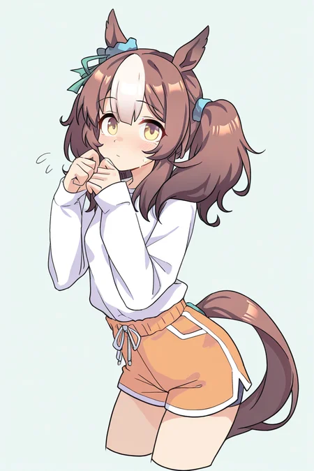 masterpiece, best quality, amazing quality,
<lora:Lango_IL:1> lango, 1girl, solo, animal ears, horse ears, horse girl, brown hair, long hair, horse tail, tail, multicolored hair, looking at viewer, shorts, long sleeves, simple background, twintails, cropped legs, shirt