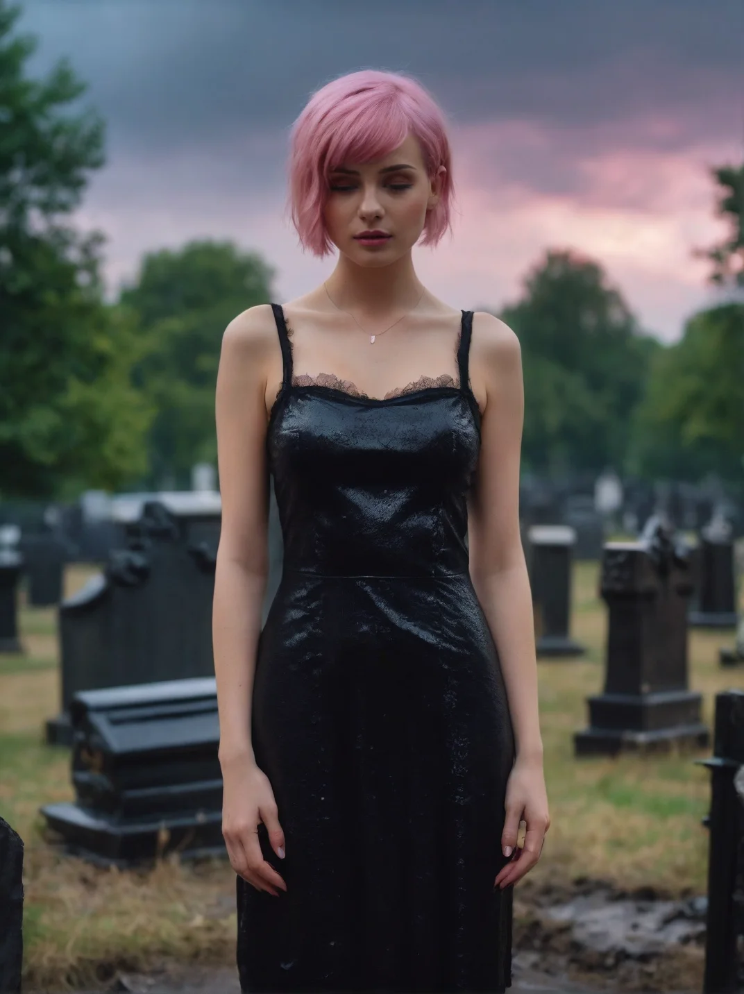 Cinematic fashion photograph portrait of Myroslava_Medved_P_MXAI_SDXL , tearful sad expression, "ready-for-a-funeral", black dress, looking down, in a rainy graveyard at dusk, ((full body shot)), PA7_Portrait-FL, (((Ultra-HD-details, Ultra-HD-detailed, Ultra-HD-realistic, Ultra-HD-photo-same-realistic-quality-details)))