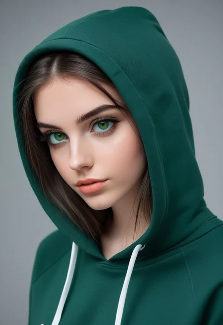 portrait (((skinny))) girl, big breast, pale skin, beauty, Nike hoodie, short denim, nike shoes, profile photo, SkinHairDetail, USA style 2024's, nike style, a girl with ((((dark-green eyes)))), SkinHairDetail,