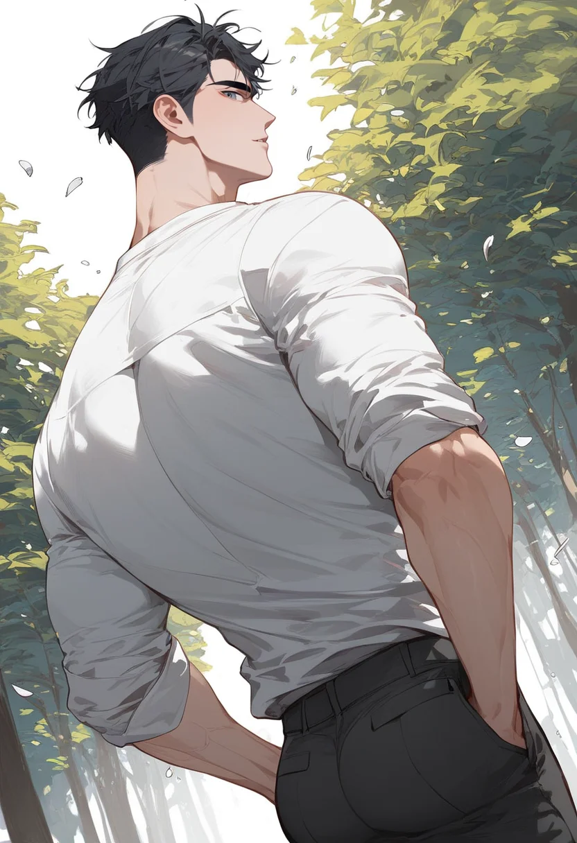 score_9,score_8_up,score_7_up,1boy,solo,yaoi,bara,male focus,fairly nsfw,uncersored,highres,best quality,amazing quality,best aesthetic,absurdres,<lora:add-detail-xl:1>,<lora:Expressive_H:1>,Expressiveh,<lora:define_relationship:0.5>,hands in pockets,white shirt,black pants,looking back,dutch angle,wind, park, spring,