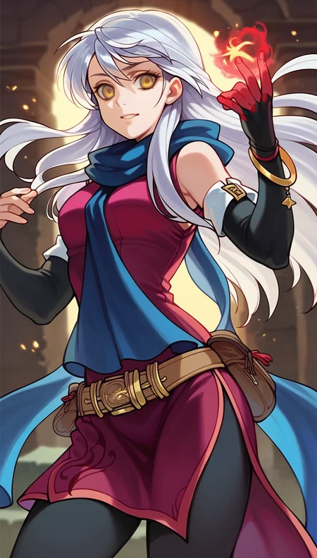 score_9,score_8_up,score_7_up,
highres,highly detailed,
<lora:micaiah:0.9>,
micaiahfe,
1girl,solo,
white hair,long hair,bangs,
yellow eyes,looking at viewer,blue scarf,purple sleeveless tunic,black detached sleeves,gold bracelet,red ribbon,brown leather belt,belt pouch,
black pantyhose,
upper body,elegant stance,(spell:1.1),(magic power:1.1),
blurry background,outdoors,night,(bloom:1.1),(light particles:1.1),starry sky,rubble_ruins,